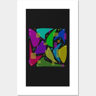 Unique design, black background with vibrant colors and shapes. Quirky and fun! Posters and Art